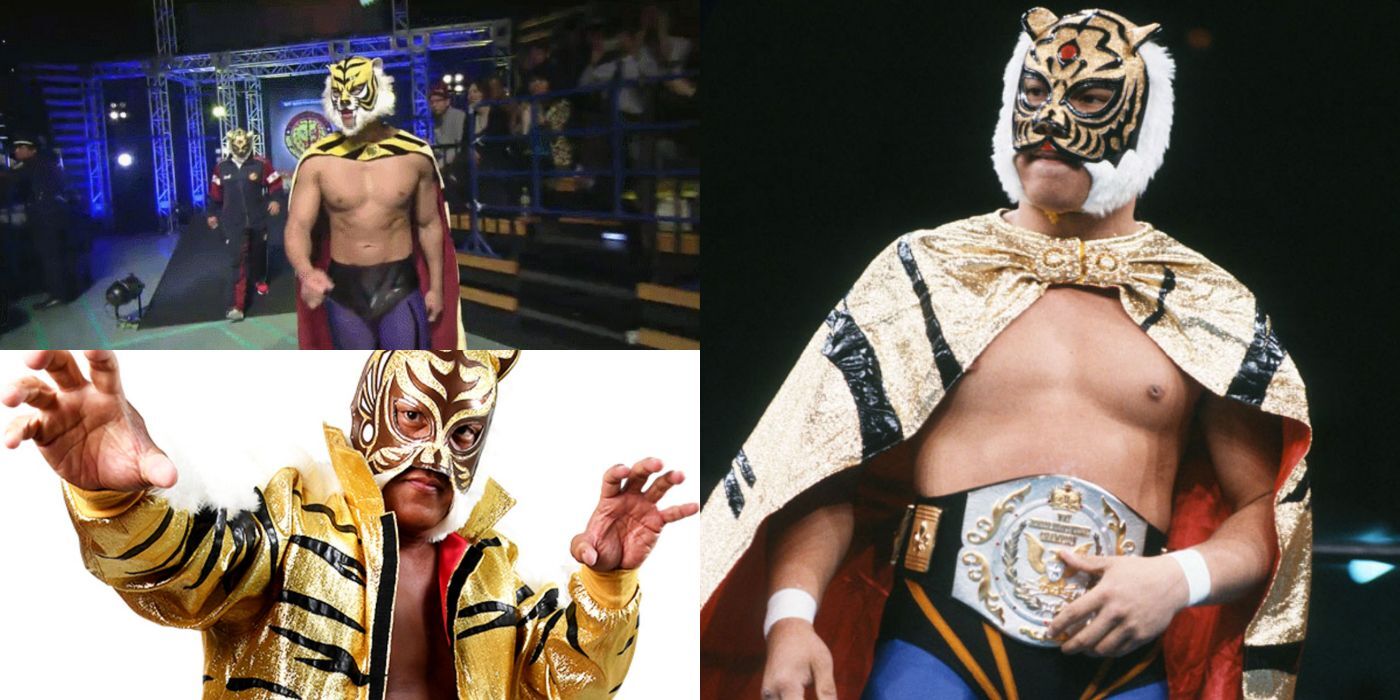 Three photos of the pro wrestler Tiger Mask