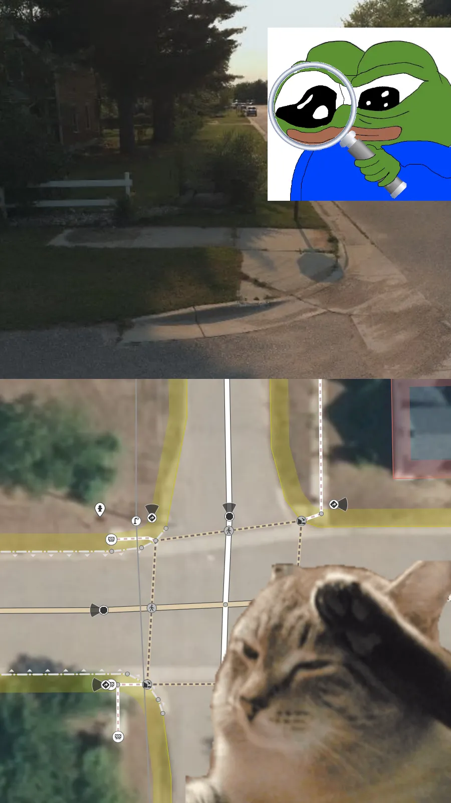 Meme collage. First picture shows a sidewalk stub that leads nowhere, with a Pepe with magnifying glass looking at it. Below a screenshot of the OpenStreetMap editor showing the offending intersection mapped out in excruciating detail, and a meme cat saluting.
