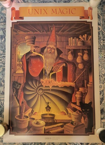 Picture of a poster featuring a wizard-looking type with Unix references on the objects around him