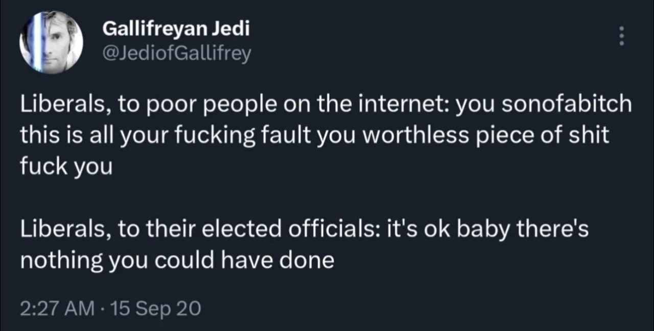Tweet by @JediofGallifrey: Liberals, to poor people on the internet: you sonofabitch this is all your fucking fault you worthless piece of shit fuck you. Liberals, to their elected official: it's ok baby there's nothing you could have done