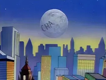 the moon in the tick universe has 'Cha' etched across it as the villain chairface Chippendale was writing his name on the moon when the tick stopped him.