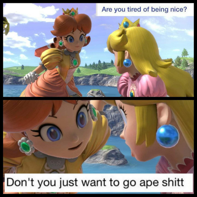 Nintendo character Daisy saying "Are you tired of being nice? Don't you just want to go ape shitt." to the Nintendo character Peach.