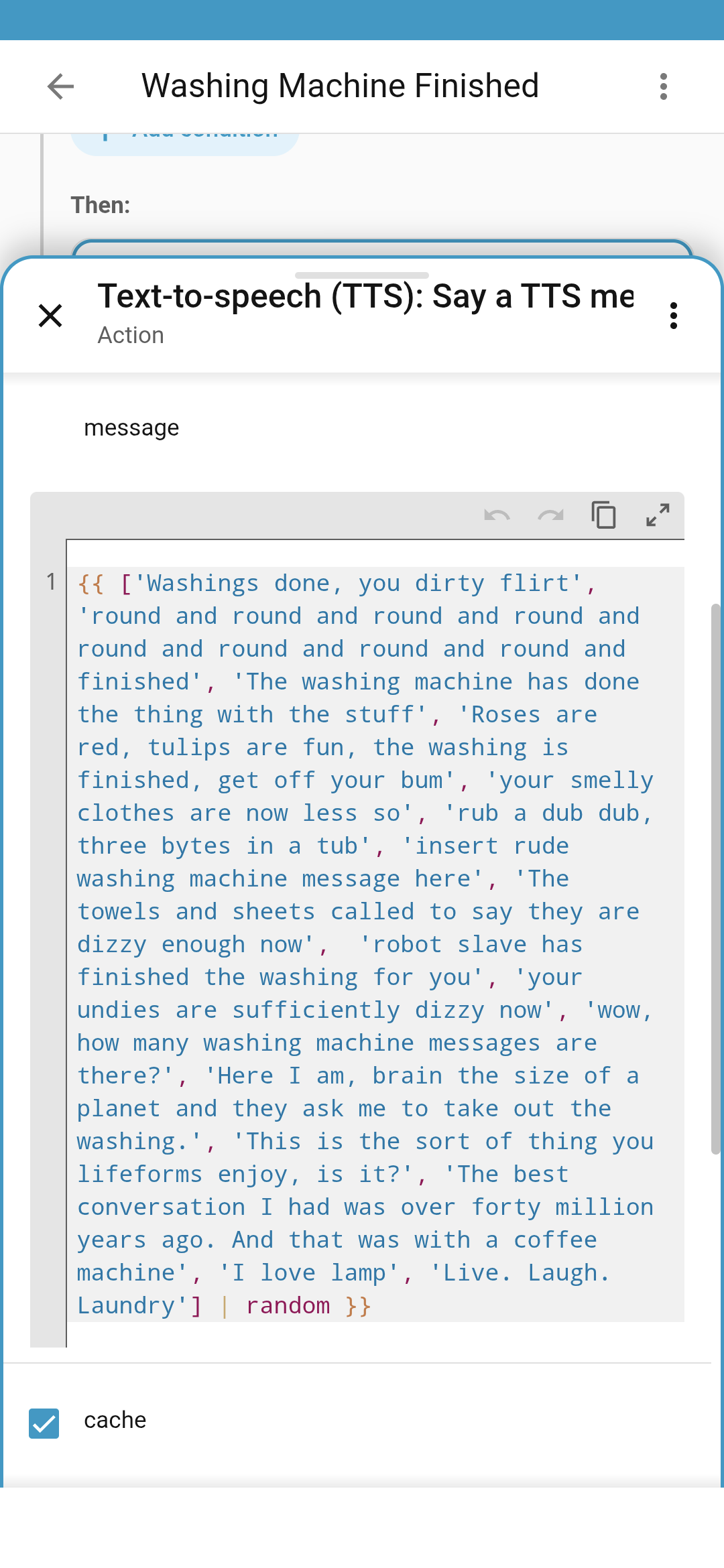 a json list of random messages in HA automation editor 