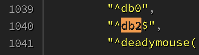 A screenshot of the block list showing db2 is in the universal user regex blocks.