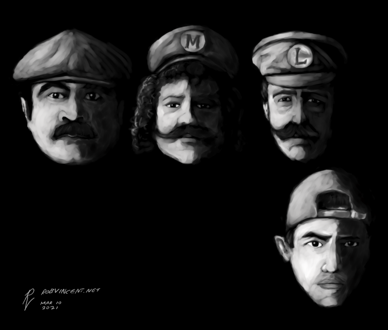 Digital drawing by me of four live-action Super Mario Brothers - Bob Hoskins and John Leguizamo from the 1993 "Super Mario Brothers" movie, and Lou Albano and Danny Wells from the 1989 "Super Mario Brothers Super Show" TV series, drawn in a moody shadowy black-and-white style parodying the Beatles' "Meet the Beatles" album cover photo.