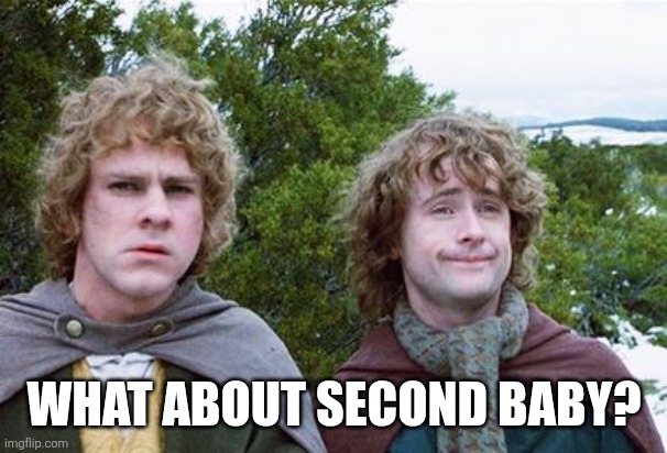 second breakfast meme, but with second baby as text