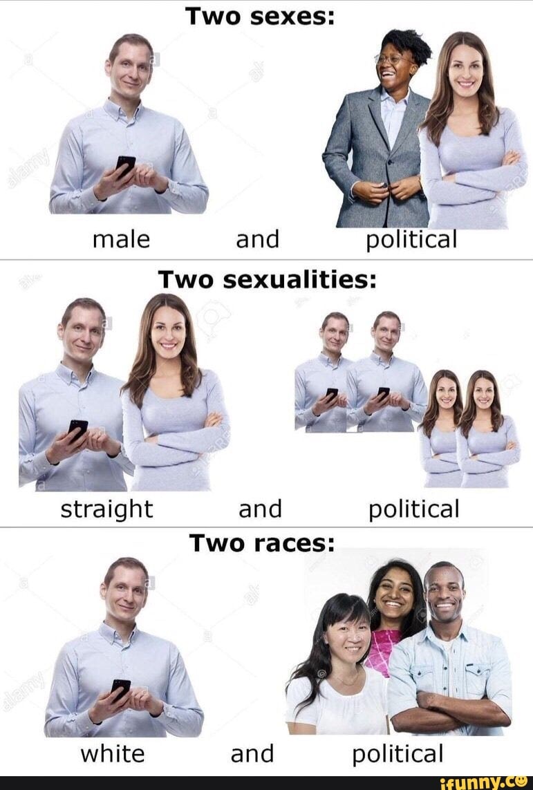 A meme that says “There are two sexes: Male and political. Two sexualities: straight and political. Two races: white and political.”
