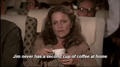 Airplane comedy movie clip where married couple are sitting and the wife says Jim never drinks coffee at home