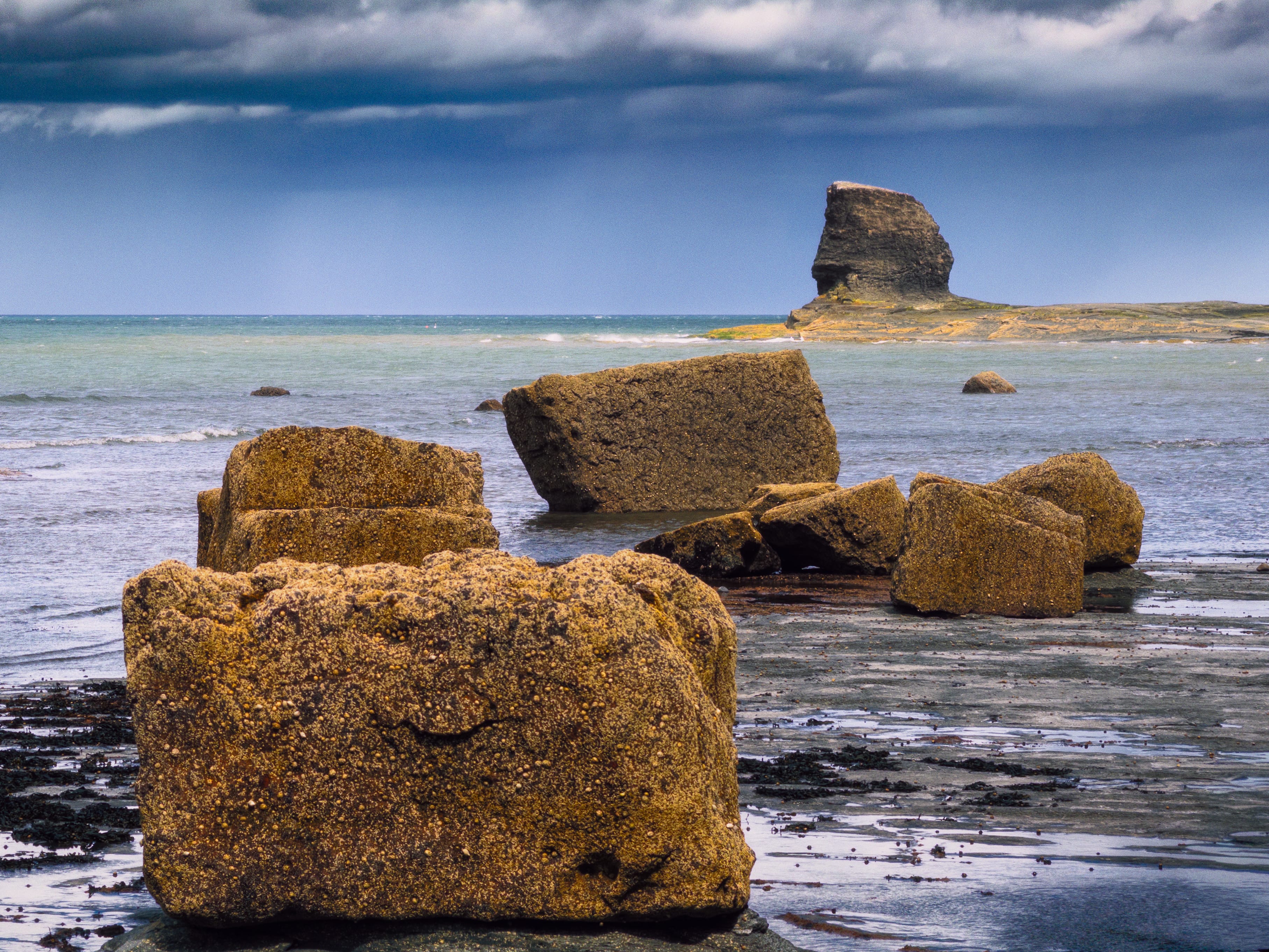 A dramatic coastal view at Saltwick Bay, taken from the southeastern cliffs looking towards Black Nab. In the foreground, a cluster of large, square-cut sandstone boulders sits on the shore, their surfaces heavily encrusted with barnacles and dark seaweed at the base, glowing warm gold and ochre against the surrounding wet, dark rock and shallow tide pools. Beyond them, the sea shows a striking band of turquoise-green shallows breaking into white surf, giving way to deeper grey-blue water further out. On the horizon, the distinctive pinnacle of Black Nab rises from a low rocky outcrop, its weathered stack shape silhouetted against a heavily overcast sky, where dark, brooding storm clouds roll in overhead, hinting at approaching wet weather.