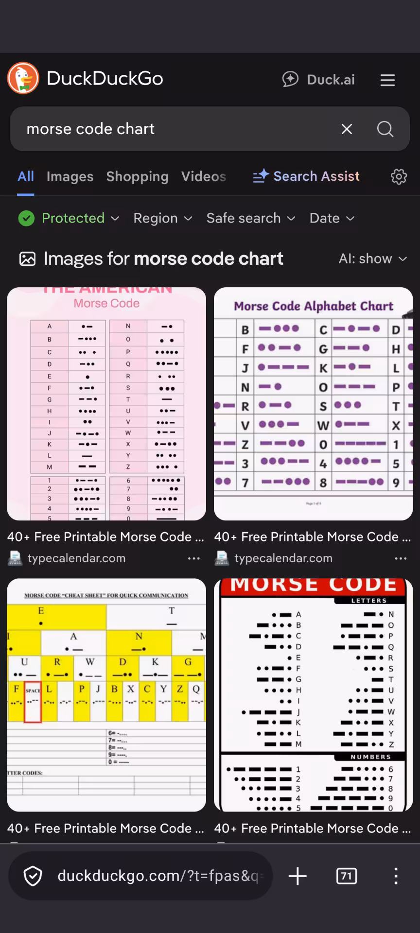 DuckDuckGo image search for morse code chart, showing the erroneous chart as the top result.