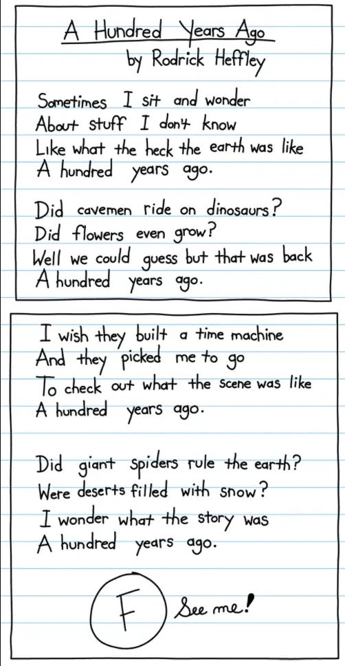 The Poem "100 Years Ago" from the Diary of a Wimpy Kid books. It contains an incredibly uneducated description of life 100 years ago, including Cavemen Riding on Dinosaurs and Deserts Filled with Snow
