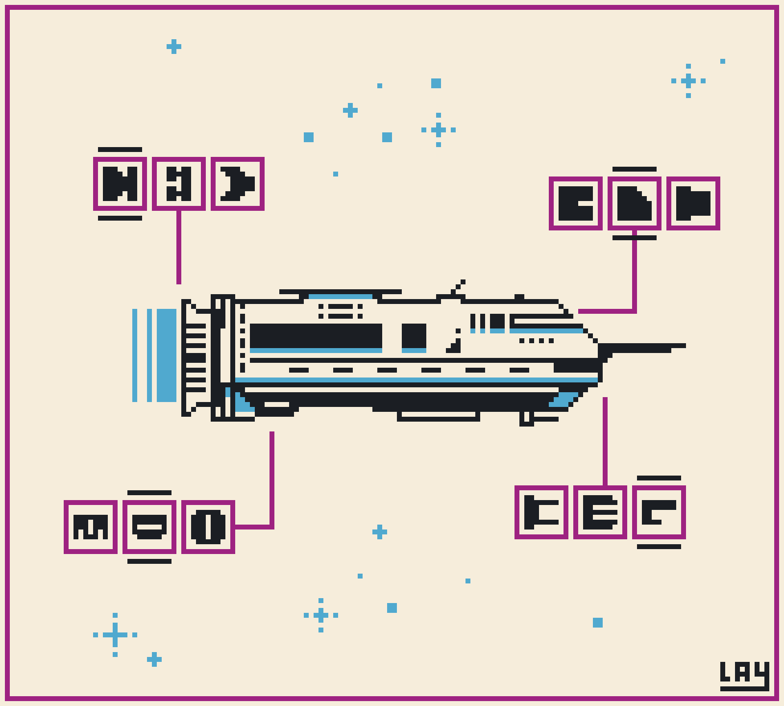 Pixelart of a heavy space cruiser customization screen, with 3 design options available for each part.