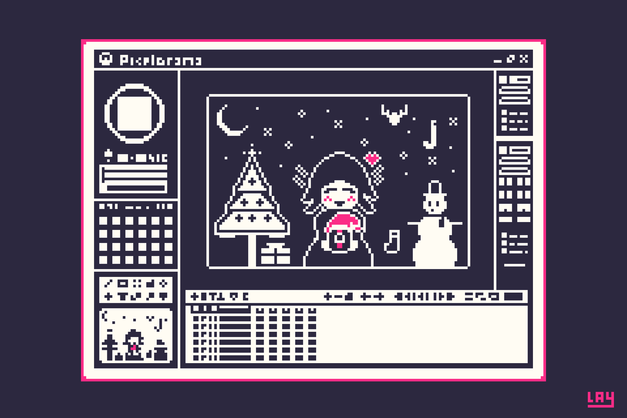 The Pixelorama program ui in 1bit PixelArt