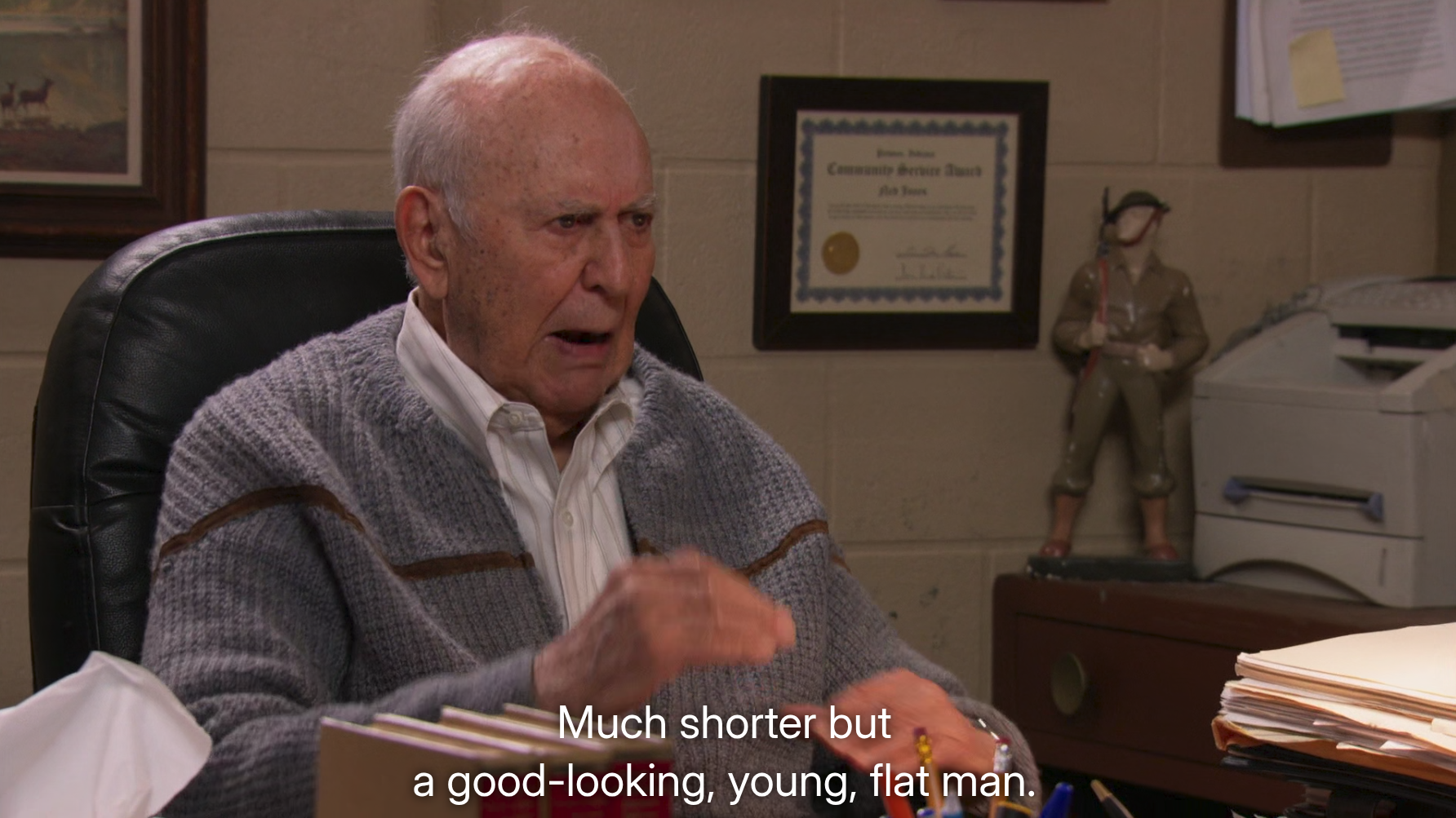 carl reiner on parks and rec talking about how his brother got de-torso-tated