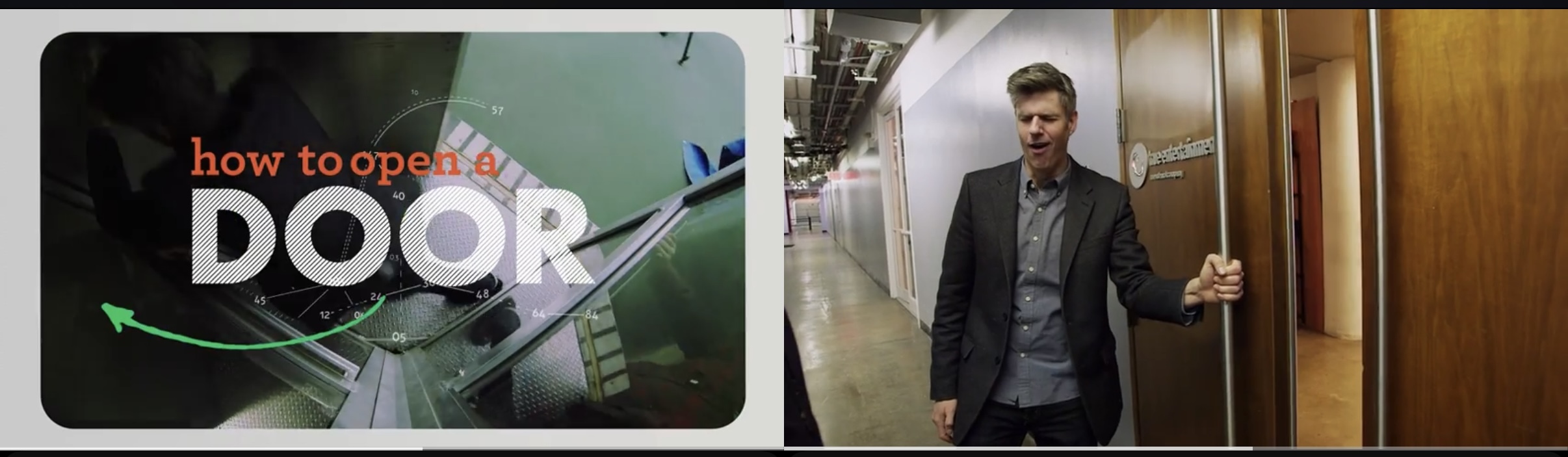 A split image features two panels: the left panel shows the text “how to open a DOOR” over a background of a door handle with green directional arrows, while the right panel depicts a man in a suit standing in a hallway as he opens a wooden door, holding the handle with an expression of deep satisfaction as he groans “ohh”.