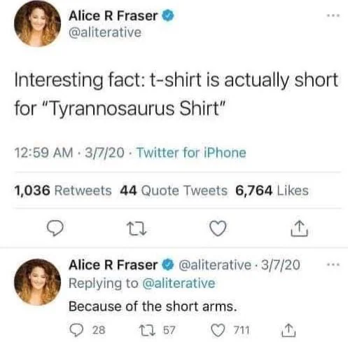 slightly higher quality: OCR: “Alice R Fraser @aliterative Interesting fact: t-shirt is actually short for "Tyrannosaurus Shirt" 12:59 AM • 3/7/20 • Twitter for iPhone 1,036 Retweets 44 Quote Tweets 6,764 Likes L Alice R Fraser @ @aliterative • 3/7/20 Replying to @aliterative Because of the short arms.”