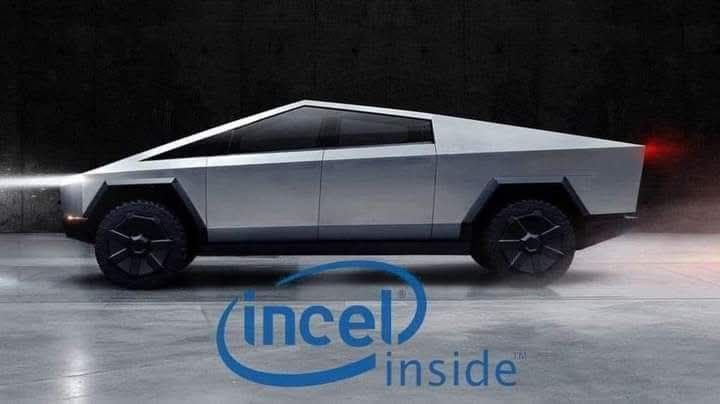 a cyber truck and a parody Intel logo that says incel inside
