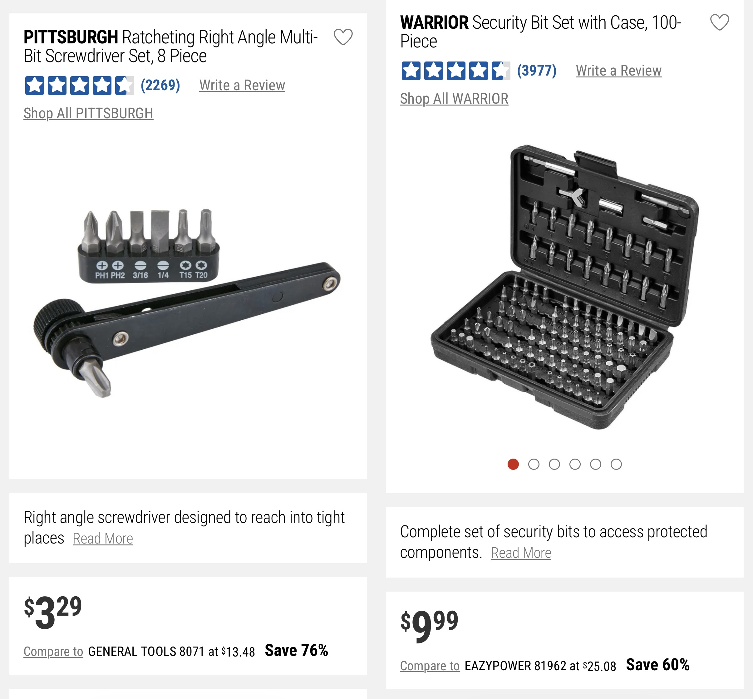 PITTSBURGH Ratcheting Right Angle Multi-Bit Screwdriver Set, 8 Piece + WARRIOR Security Bit Set with Case, 100-Piece