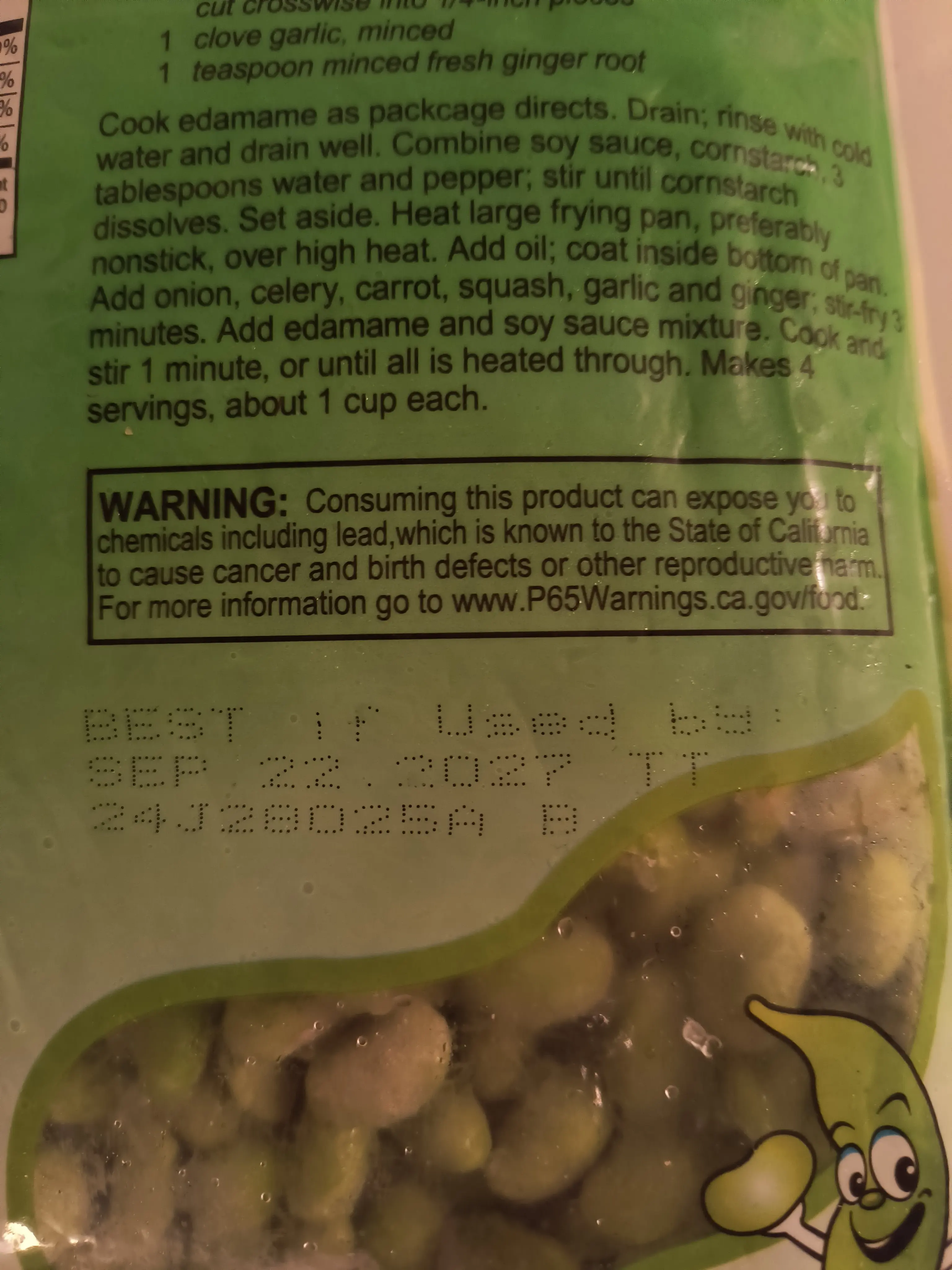 The back side of the same bag, with a label that says "Warning: Consuming this product can expose you to chemicals including lead, which is known to the State of California to cause cancer and birth defects or other reproductive harm. For more information go to www.P65Warnings.ca.gov/food"