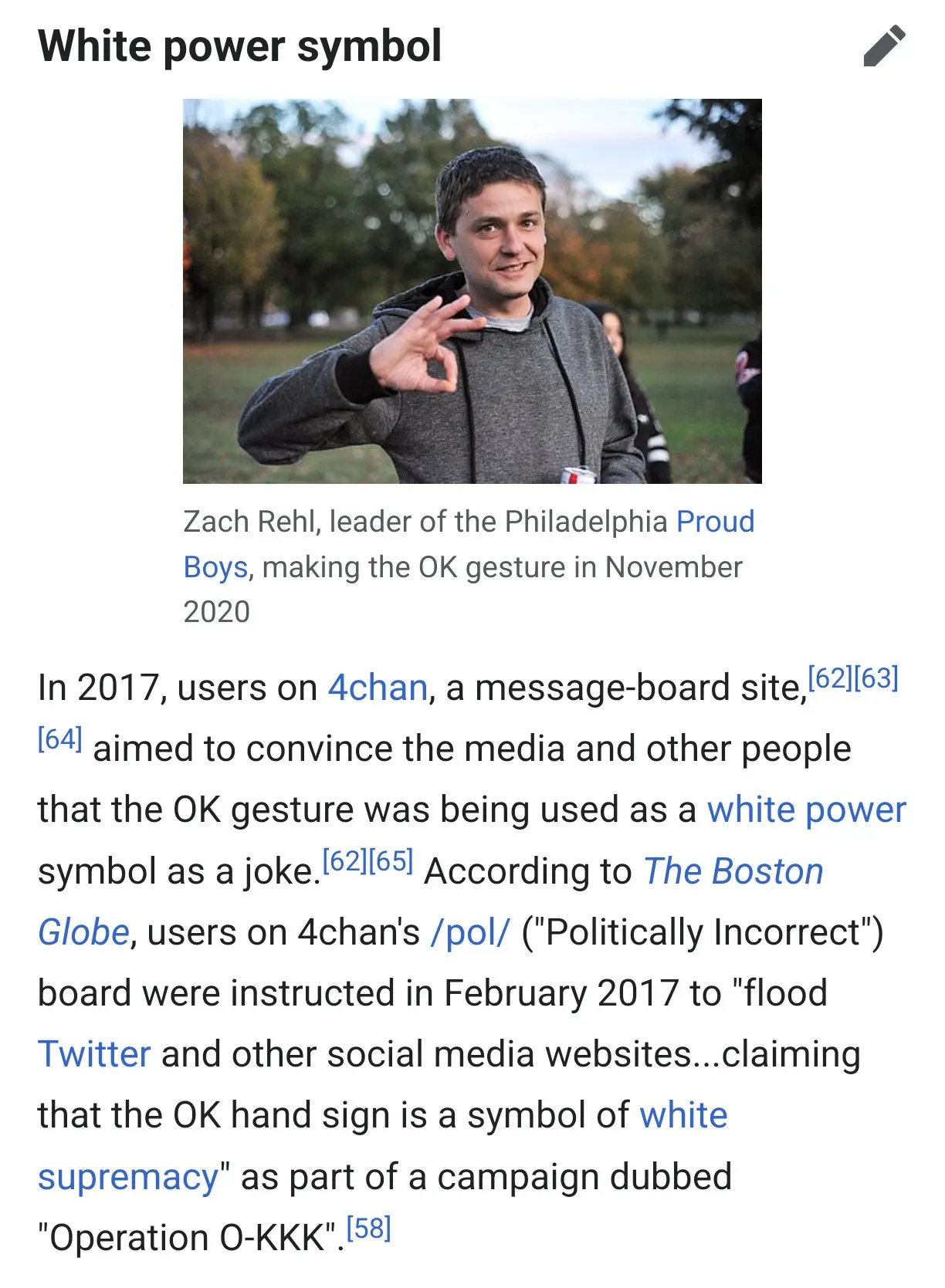 Zach Rehl, leader of the Philadelphia Proud Boys, making the OK gesture in November 2020
