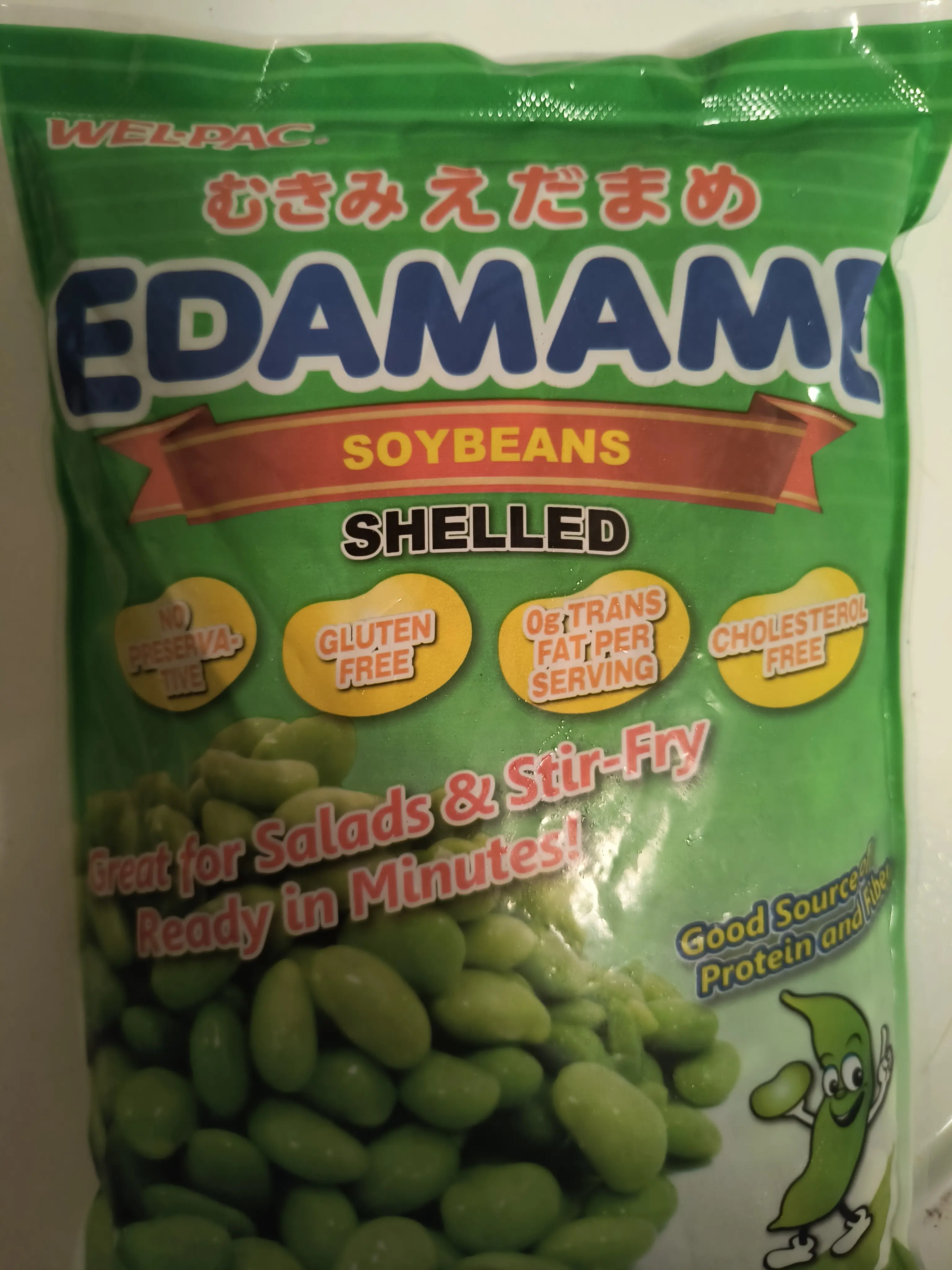 A bag of frozen vegetables labeled "Mukimi Edamame" in Japanese characters