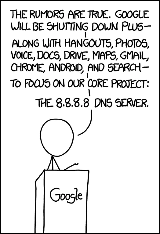 The rumors are true. Google will be shutting down Plus— along with Hangouts, Photos, Voice, Docs, Drive, Maps, Gmail, Chrome, Android, and Search — to focus on our core project: The 8.8.8.8 DNS Server.