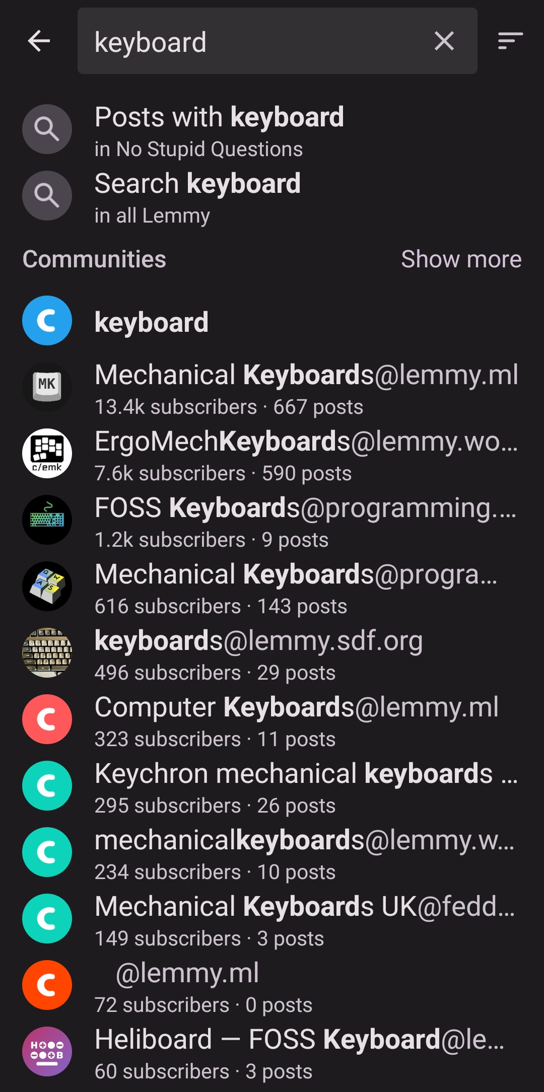 Screenshot of search for "keyboard"