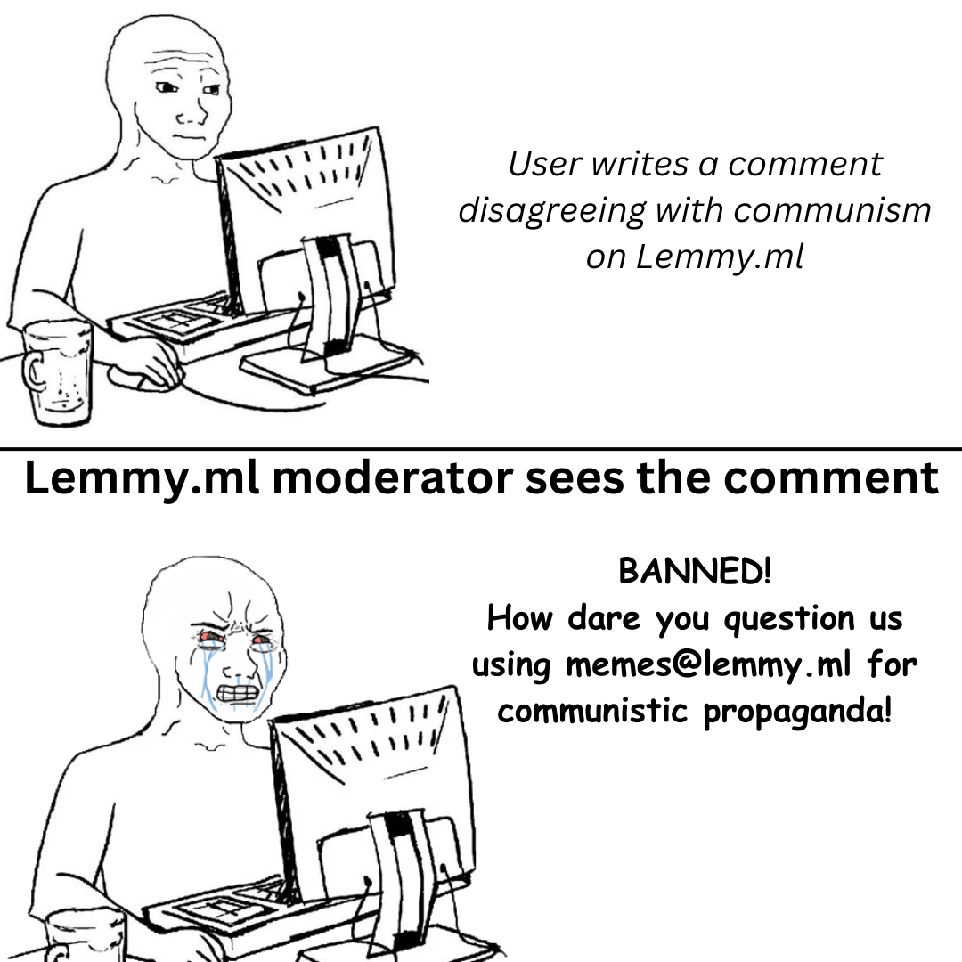 Top panel shows a Wojack character calmly typing on a computer with the text "User writes a comment disagreeing with communism on Lemmy.ml." Bottom panel shows a Crying Wojack character with an angry expression, furiously typing on a computer, with tears streaming down his face. The text above him reads "Lemmy.ml moderator sees the comment," and a speech bubble says "BANNED! How dare you question us using memes@lemmy.ml for communistic propaganda!"