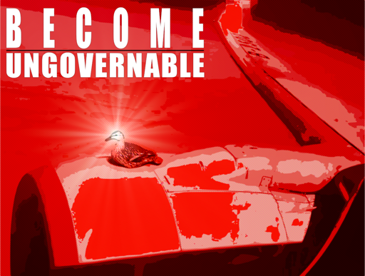 duck riding on commercial aircraft engine nacelle during flight. Text reads "BECOME UNGOVERNABLE"