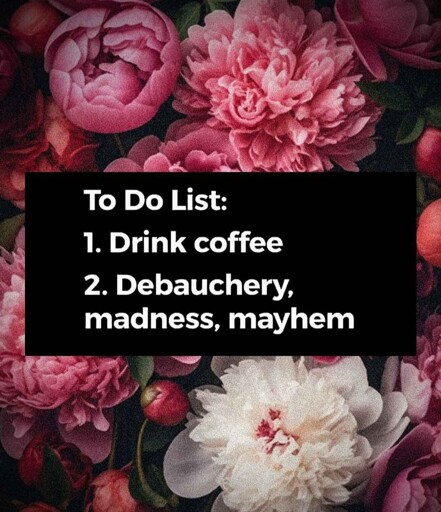 To do list 1) drink coffee 2) debauchery madness mayhem