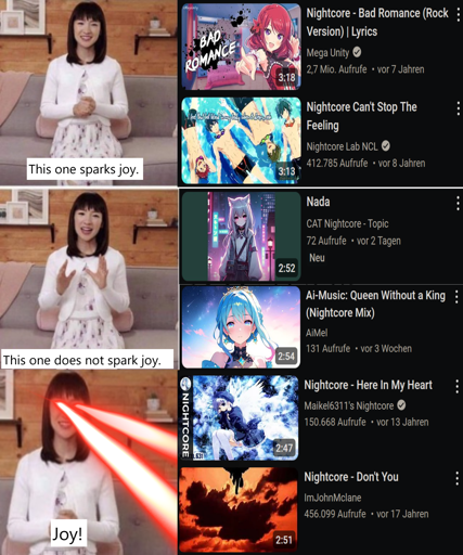 This one sparks joy: old nightcore music
This one does not spark joy: AI generated nightcore music with the same cheap and generic looking AI anime girls
Joy (woman with laser eyes): even older nightcore