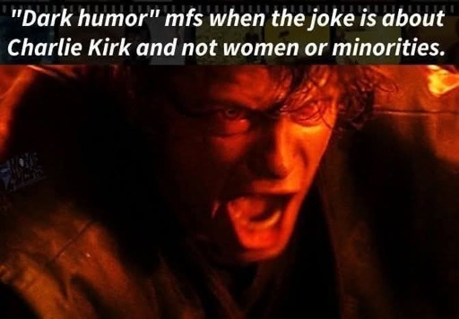 Anakin Skywalker screaming in lava with the text "'Dark humor' mfs when the joke is about Charlie Kirk and not women or minorities."