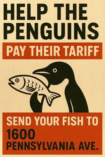 A cartoon image of a penguin holding a fish.  Text reads: Help the penguins pay their tariff.  Send your fish to 1600 Pennsylvania Ave.