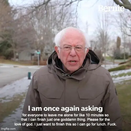 The Bernie Sanders "I am once again asking" meme. Text reads in full "I am once again asking for everyone to leave me along for like 10 mintues so that I can finish just one goddamn thing. Please for the love of god. I just want to finish this so I can go for lunch. Fuck."